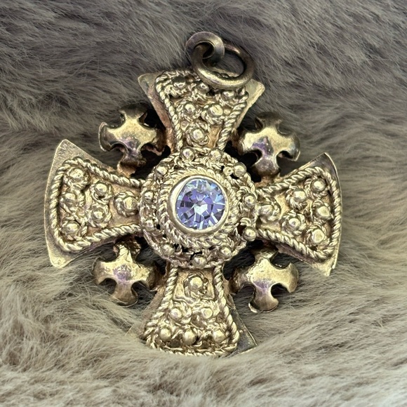 Jewelry - 950 Silver Vintage Jerusalem Cross Pendant w/ Blue Crystal